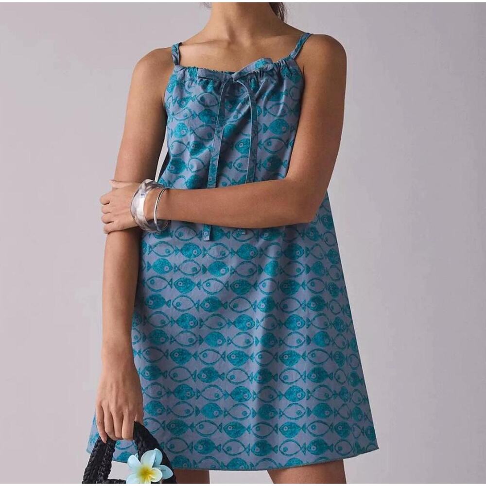 Urban Outfitters Eva Tie-Front Ruched Strap Trapeze Fish Mini Dress Size: S